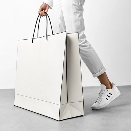 Woman with shopping bags on white background, closeup. Mockup for designの素材