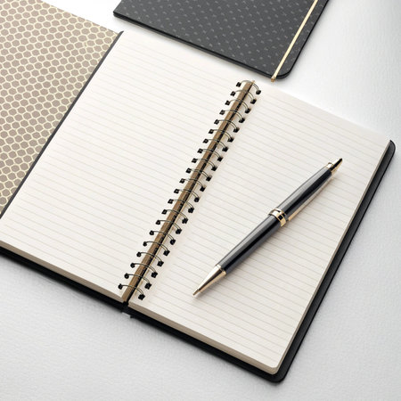 Notebook and pen on white background. Top view with copy spaceの素材