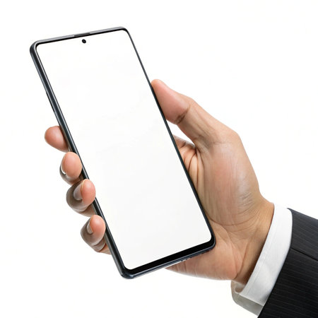 male hand holding smartphone with blank screen isolated on white background, clipping pathの素材