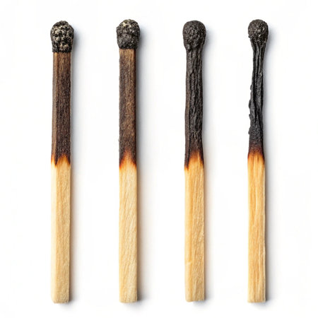 Wooden matchsticks isolated on a white background. Top view.の素材