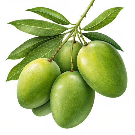 Mango fruit with leaves isolated on white background. 3d illustrationの素材