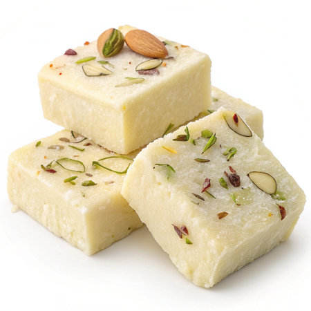 Traditional Turkish delight with pistachios and nuts on a white backgroundの素材