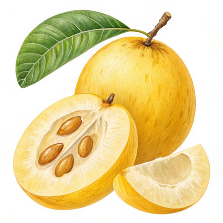 Watercolor illustration of santol fruit with leaves and slices.の素材