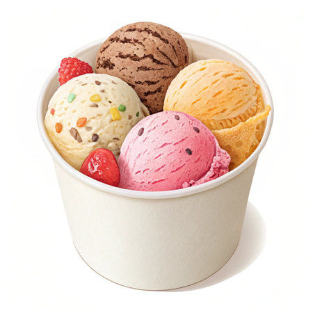 Ice cream scoops in white paper cup isolated on white background.の素材