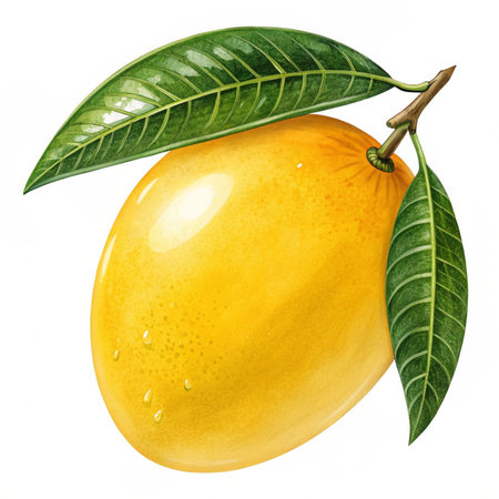 Mango fruit with leaves isolated on white background. Watercolor illustration.の素材