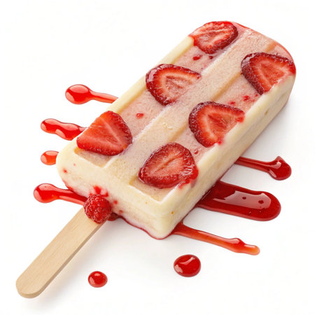 Strawberry ice cream on a stick on a white background.の素材