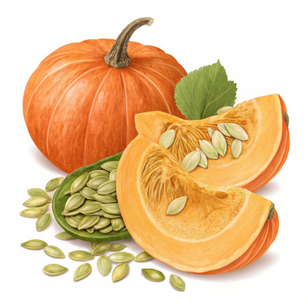Pumpkin with seeds isolated on white background. Clipping path included.の素材