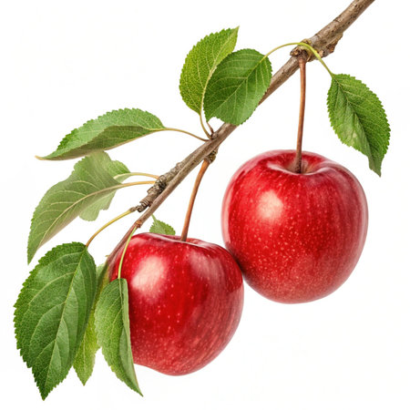Red apples on a branch with leaves isolated on a white background.の素材
