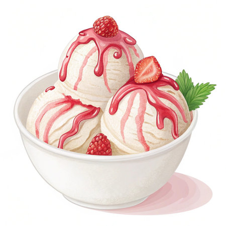 Scoops of ice cream in a bowl with strawberry sauce.の素材