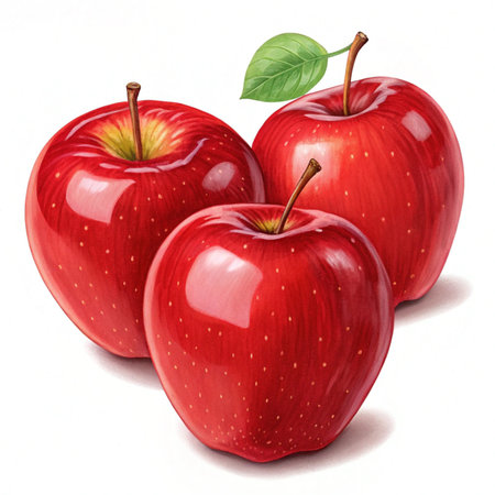 Three red apples with leaves isolated on white background. Watercolor illustration.の素材