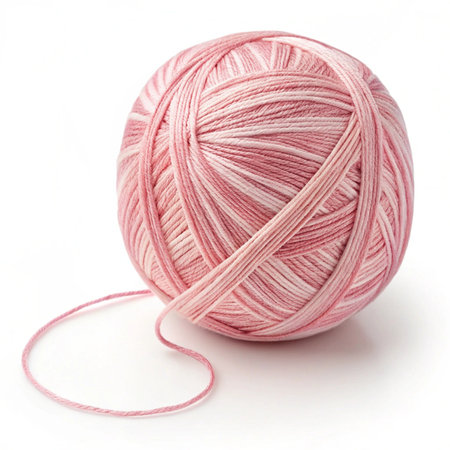 Ball of pink yarn on a white background. Close-up.の素材