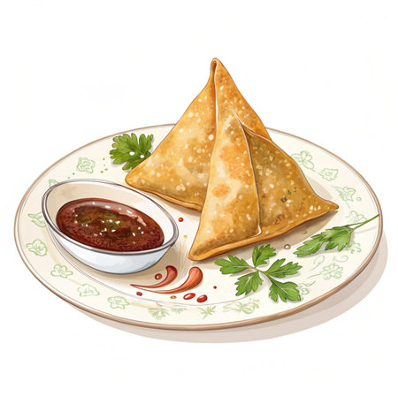 Illustration of a plate with samosas and sauce on a white backgroundの素材