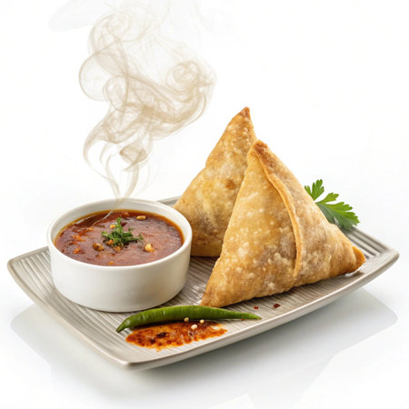 Fried samosas with spicy chilli sauce on white backgroundの素材