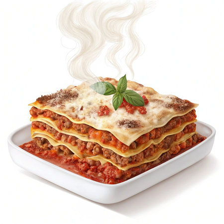 Illustration of lasagna with meat and tomato sauce on a white backgroundの素材