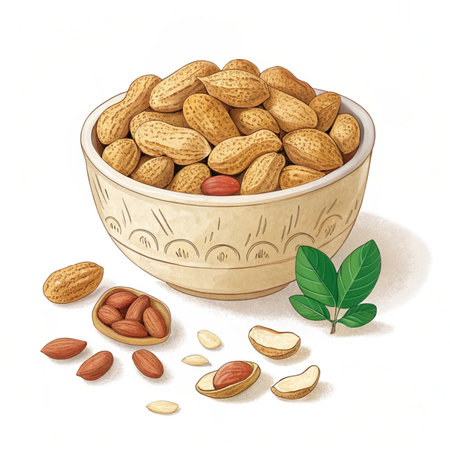 Vector illustration of a bowl of peanuts with leaves on a white backgroundの素材