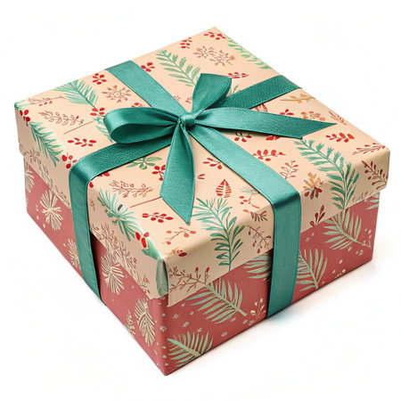 Gift box with green ribbon bow isolated on white background. Clipping path included.の素材