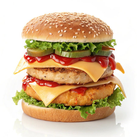 Big hamburger with ketchup and cheese isolated on a white backgroundの素材
