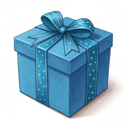 Blue gift box with blue bow isolated on white background. 3d illustrationの素材