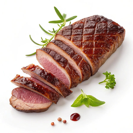 roast duck breast with rosemary and pepper on a white backgroundの素材