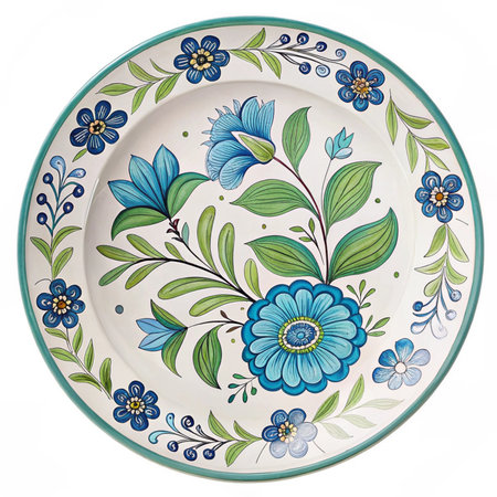 Plate with floral ornament and blue flowers on a white background.の素材