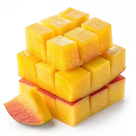 Mango cubes isolated on white background. Clipping path included.の素材