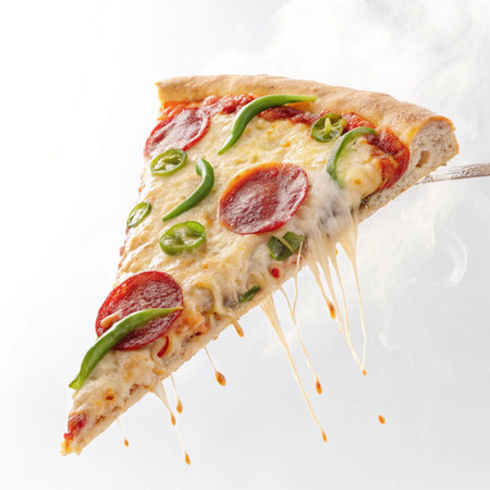 Pizza with salami and green pepper on a white background.の素材