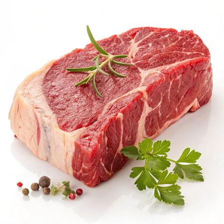 raw steak with parsley and peppercorns on a white backgroundの素材
