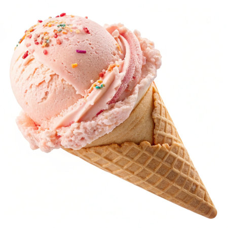 Ice cream scoops in waffle cone isolated on white background.の素材