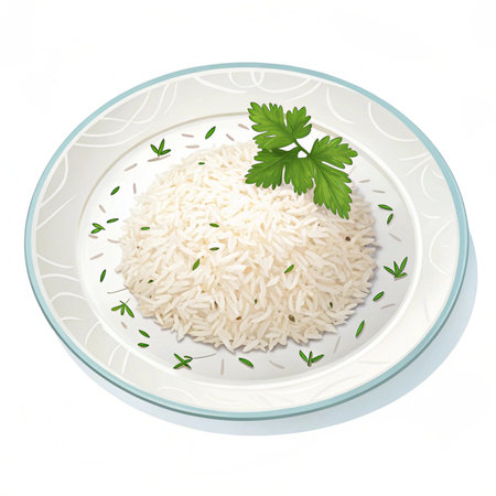 Rice with parsley in a plate on a white background.の素材