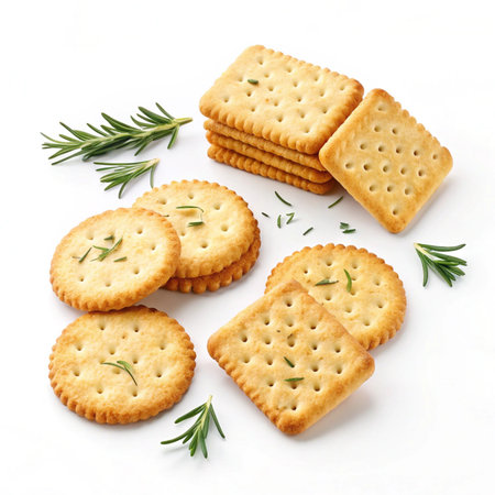 Crackers with rosemary isolated on white background. Top view.の素材