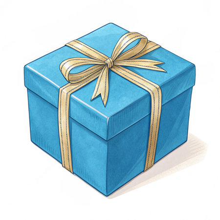 Blue gift box with gold bow isolated on white background. Vector illustration.の素材