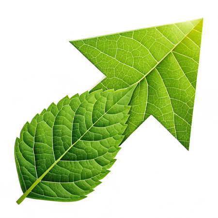 Green leaf with arrow isolated on white background. 3D illustration.の素材