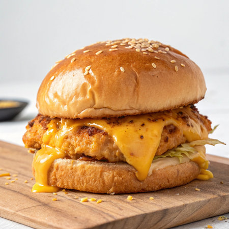 Cheese burger - American cheese burger with Golden French fries served on wooden boardの素材