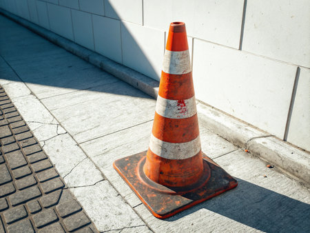 Traffic cone on the street in sunny day. Conceptual image.の素材