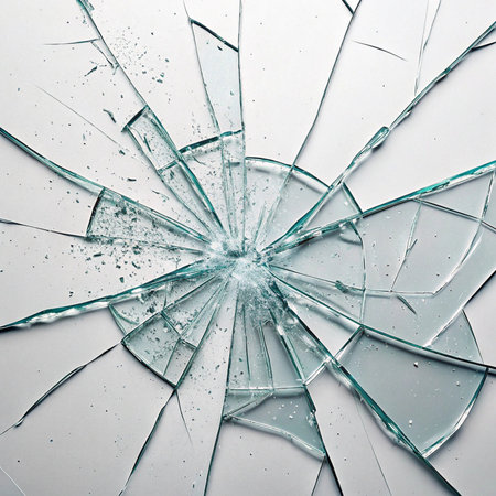 Pieces of broken glass on a white background. View from above.の素材