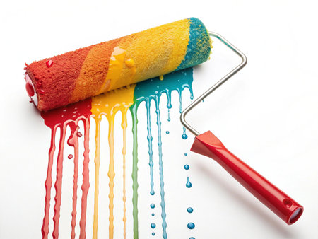 Paint roller on a white background with colorful paint splashes.の素材