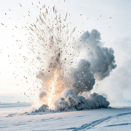 Fiery explosion on a frozen lake at sunset. Winter landscape.の素材
