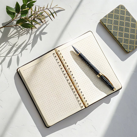 Notebook and pen on a white background. Flat lay, top view.の素材