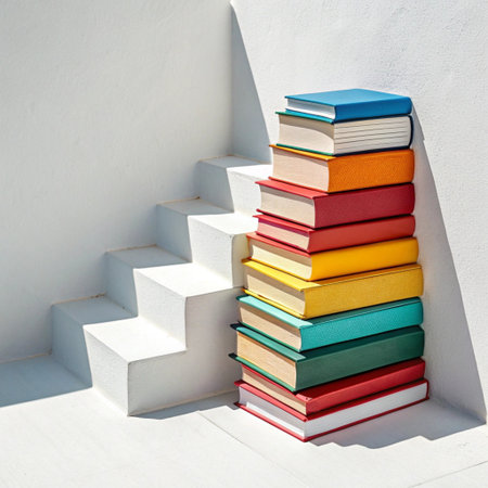 Staircase with books on a white wall background. Education conceptの素材