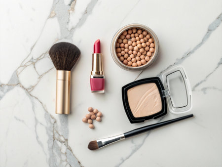 Decorative cosmetics and makeup brushes on white marble background, top viewの素材