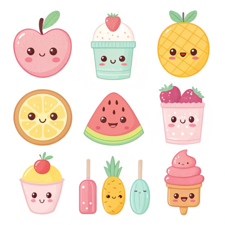 Cute kawaii kawaii fruit icons set. Vector illustrationの素材