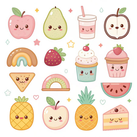 Cute kawaii cartoon kawaii fruit icons set. Vector illustrationの素材