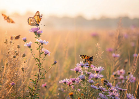 Butterflies on pink flowers in the meadow at sunrise.の素材