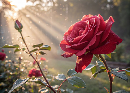 Beautiful red rose in the garden at sunrise. Nature background.の素材
