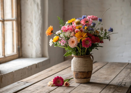 Bouquet of colorful flowers in vase on rustic wooden tableの素材