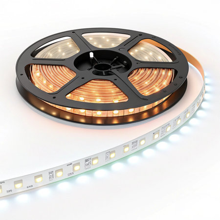 Movie reels with led strip on white background. 3d illustrationの素材