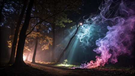 Mysterious foggy forest at night. Foggy forest with glowing lanterns and treesの素材