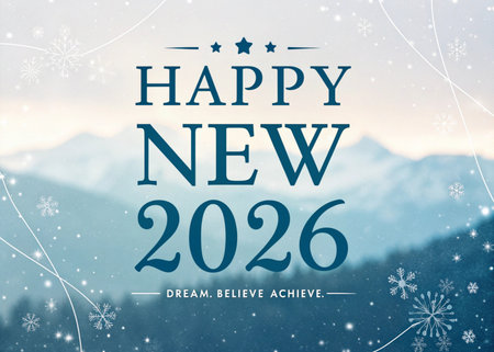 Happy New Year 2016 greeting card with blurred mountains and snowflakesの素材