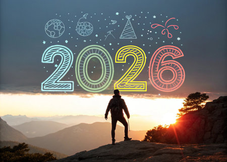 Happy new year 2016 concept with man standing on top of the mountainの素材