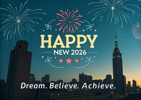 Happy New Year 2020 and Merry Christmas greeting card with fireworks background.の素材